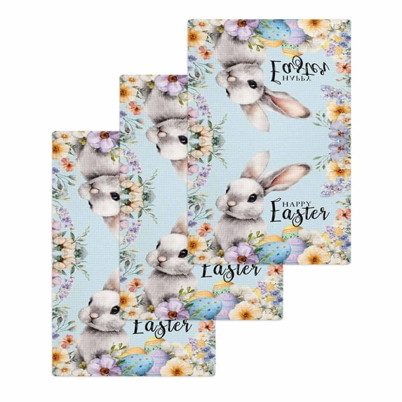 Happy Easter Kitchen Dish Towels for Drying Dishes Set of 3, Spring Grey Bunny Colorful Eggs Flower Blue Waffle Weave Microfiber Hand Tea Bathroom Towels Quick Dry & Absorbent Towel 15.7x23.6