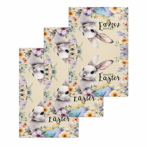 Happy Easter Kitchen Dish Towels for Drying Dishes Set of 3, Spring Grey Bunny Colorful Eggs Flower Brown Waffle Weave Microfiber Hand Tea Bathroom Towels Quick Dry & Absorbent Towel 15.7x23.6