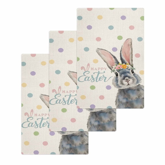 Happy Easter Kitchen Dish Towels for Drying Dishes Set of 3, Spring Rabbits Polka Dots Beige Burlap Waffle Weave Microfiber Hand Tea Bathroom Towels Quick Dry & Absorbent Towel 15.7x23.6