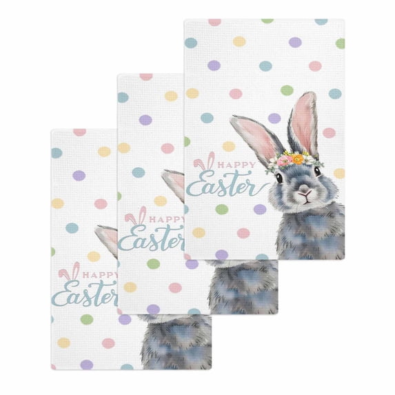 Happy Easter Kitchen Dish Towels for Drying Dishes Set of 3, Spring Rabbits Polka Dots Watercolor Waffle Weave Microfiber Hand Tea Bathroom Towels Quick Dry & Absorbent Towel 15.7x23.6