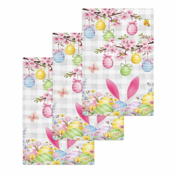Happy Easter Kitchen Dish Towels for Drying Dishes Set of 3, Spring Watercolor Bunny Eggs Flower Grey Plaid Waffle Weave Microfiber Hand Tea Bathroom Towels Quick Dry & Absorbent Towel 15.7x23.6
