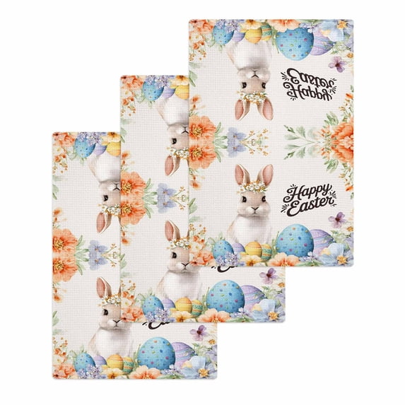 Happy Easter Kitchen Dish Towels for Drying Dishes Set of 3, Spring Watercolor Bunny Eggs Flowers Beige Waffle Weave Microfiber Hand Tea Bathroom Towels Quick Dry & Absorbent Towel 15.7x23.6