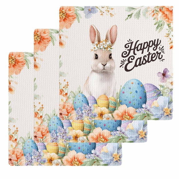 Happy Easter Kitchen Dish Towels for Drying Dishes Set of 3, Spring Watercolor Bunny Eggs Flowers Beige Waffle Weave Microfiber Hand Tea Bathroom Towels Quick Dry & Absorbent Towel 12x12