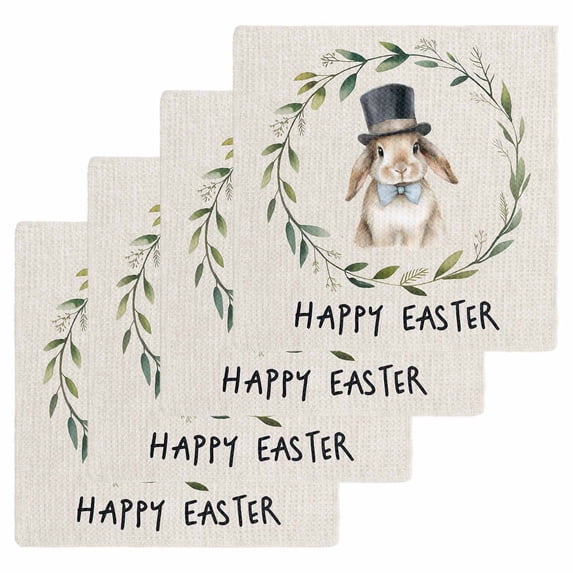 Happy Easter Kitchen Dish Towels for Drying Dishes Set of 4, Beige Rustic Spring Bunny Eucalyptus Leaves Waffle Weave Microfiber Hand Tea Bathroom Towels Quick Dry & Absorbent Towel 12x12