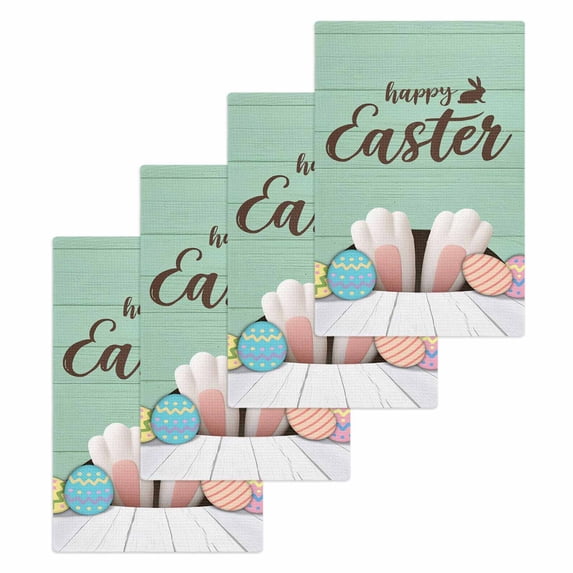 Happy Easter Kitchen Dish Towels for Drying Dishes Set of 4, Colorful Spring Eggs Green Wooden Waffle Weave Microfiber Hand Tea Bathroom Towels Quick Dry & Absorbent Towel 15.7x23.6