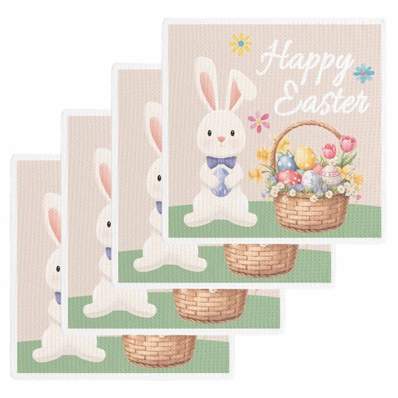 Happy Easter Kitchen Dish Towels for Drying Dishes Set of 4, Cute Bunny Colorful Eggs Spring Flowers Green Waffle Weave Microfiber Hand Tea Bathroom Towels Quick Dry & Absorbent Towel 12x12