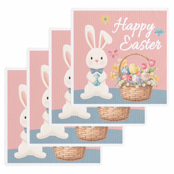 Happy Easter Kitchen Dish Towels for Drying Dishes Set of 4, Cute Bunny Colorful Eggs Spring Flowers Pink Blue Waffle Weave Microfiber Hand Tea Bathroom Towels Quick Dry & Absorbent Towel 12x12