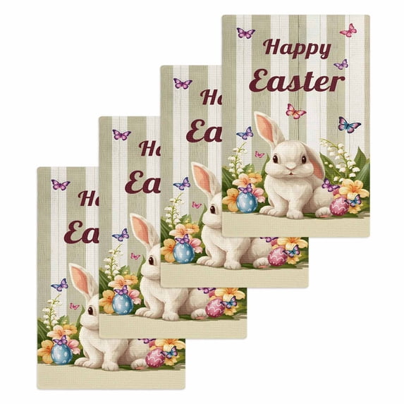 Happy Easter Kitchen Dish Towels for Drying Dishes Set of 4, Rabbit Eggs Spring Flowers Butterfly Striped Waffle Weave Microfiber Hand Tea Bathroom Towels Quick Dry & Absorbent Towel 15.7x23.6