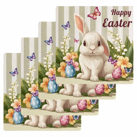 Happy Easter Kitchen Dish Towels for Drying Dishes Set of 4, Rabbit Eggs Spring Flowers Butterfly Striped Waffle Weave Microfiber Hand Tea Bathroom Towels Quick Dry & Absorbent Towel 12x12