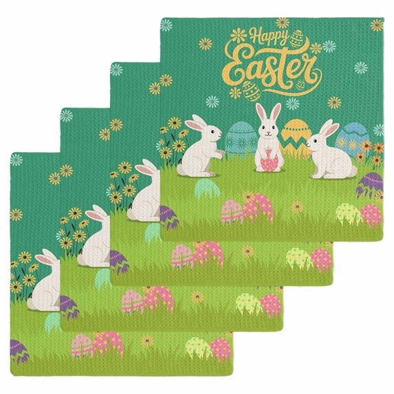Happy Easter Kitchen Dish Towels for Drying Dishes Set of 4, Rabbits Eggs Spring Daisy Floral Grass Green Waffle Weave Microfiber Hand Tea Bathroom Towels Quick Dry & Absorbent Towel 12x12
