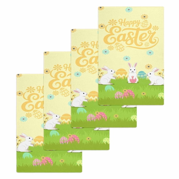 Happy Easter Kitchen Dish Towels for Drying Dishes Set of 4, Rabbits Eggs Spring Daisy Floral Grass Yellow Waffle Weave Microfiber Hand Tea Bathroom Towels Quick Dry & Absorbent Towel 15.7x23.6