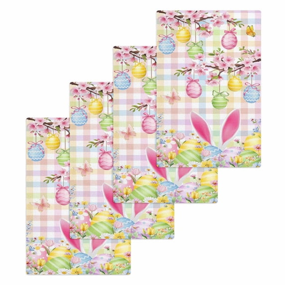 Happy Easter Kitchen Dish Towels for Drying Dishes Set of 4, Spring Bunny Colorful Eggs Flower Plaid Waffle Weave Microfiber Hand Tea Bathroom Towels Quick Dry & Absorbent Towel 15.7x23.6