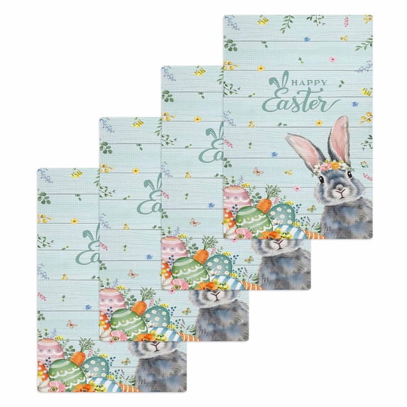 Happy Easter Kitchen Dish Towels for Drying Dishes Set of 4, Spring Bunny Easter Eggs Floral Teal Wood Waffle Weave Microfiber Hand Tea Bathroom Towels Quick Dry & Absorbent Towel 15.7x23.6