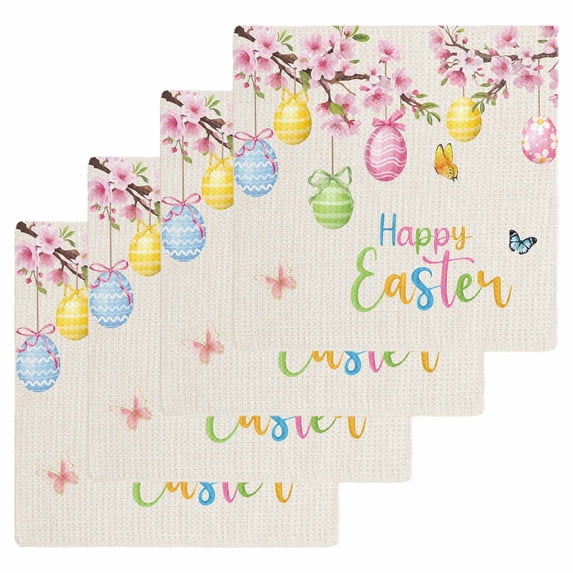 Happy Easter Kitchen Dish Towels for Drying Dishes Set of 4, Spring Colorful Eggs Butterfly on Linen Waffle Weave Microfiber Hand Tea Bathroom Towels Quick Dry & Absorbent Towel 12x12