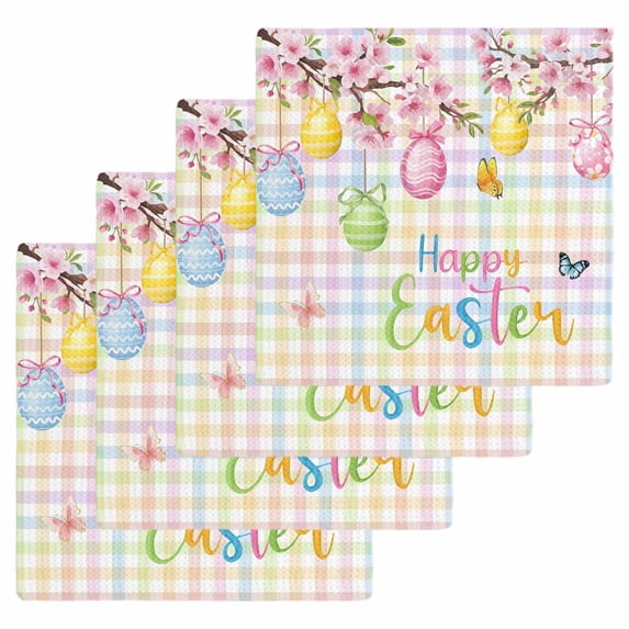 Happy Easter Kitchen Dish Towels for Drying Dishes Set of 4, Spring Colorful Eggs Butterfly Plaid Checkered Waffle Weave Microfiber Hand Tea Bathroom Towels Quick Dry & Absorbent Towel 12x12