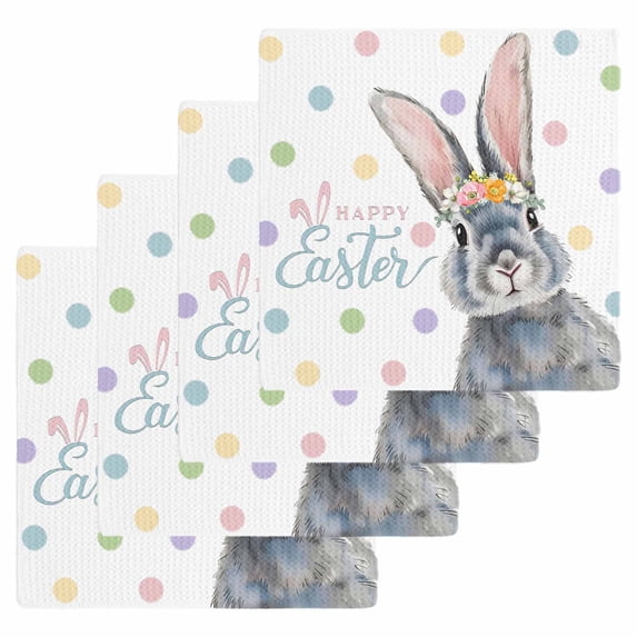 Happy Easter Kitchen Dish Towels for Drying Dishes Set of 4, Spring Rabbits Polka Dots Watercolor Waffle Weave Microfiber Hand Tea Bathroom Towels Quick Dry & Absorbent Towel 12x12