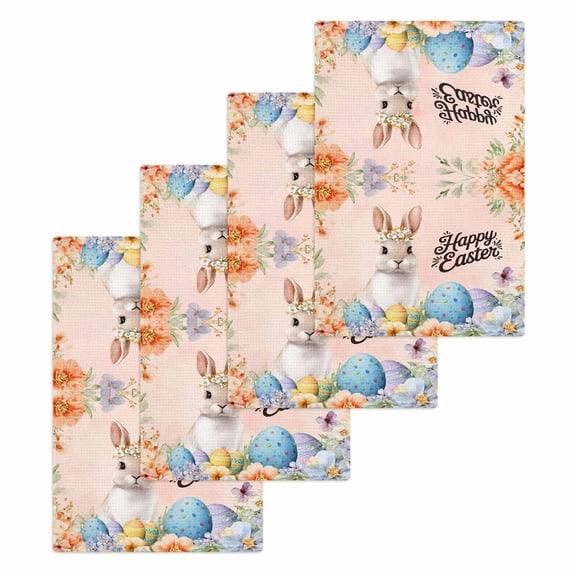Happy Easter Kitchen Dish Towels for Drying Dishes Set of 4, Spring Watercolor Bunny Eggs Flowers Pink Waffle Weave Microfiber Hand Tea Bathroom Towels Quick Dry & Absorbent Towel 15.7x23.6