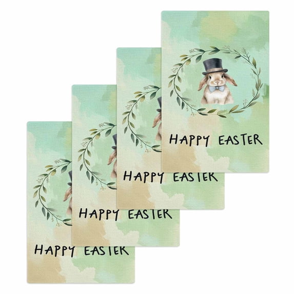 Happy Easter Kitchen Dish Towels for Drying Dishes Set of 4, Teal Green Spring Bunny Eucalyptus Leaves Waffle Weave Microfiber Hand Tea Bathroom Towels Quick Dry & Absorbent Towel 15.7x23.6