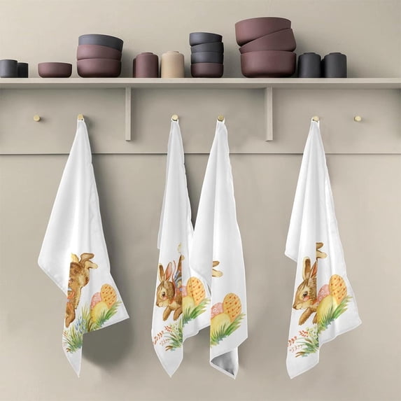 Happy Easter Kitchen Dish Towels Set of 6 Absorbent Hand Towels, Lint-Free 18"x28" Rabbit Eggs Flowers Fast Drying Hanging Dishcloths for Cooking Baking Home Clean