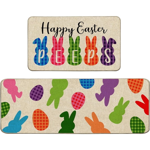 Happy Easter Kitchen Mats Set of 2, Spring Buffalo Plaid Bunny Rabbit Peeps Eggs Low-Profile Non-Slip Absorbent Kitchen Rugs 17x29 and 17x47 Inch Holiday Decoration