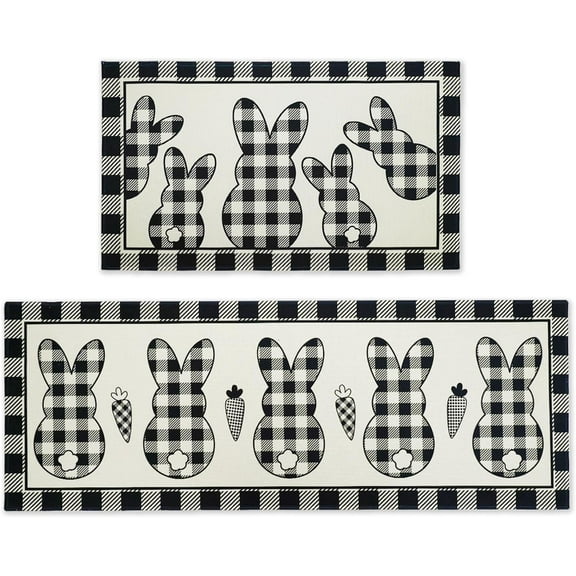 Happy Easter Kitchen Rug Set,Buffalo Plaid Bunny Rabbit Spring Easter Eggs Pattern Runner Rugs with Rubber Backing,Throw Rugs Washable for Kitchen Sink,Standing Desk,Cute Kitchen Rugs