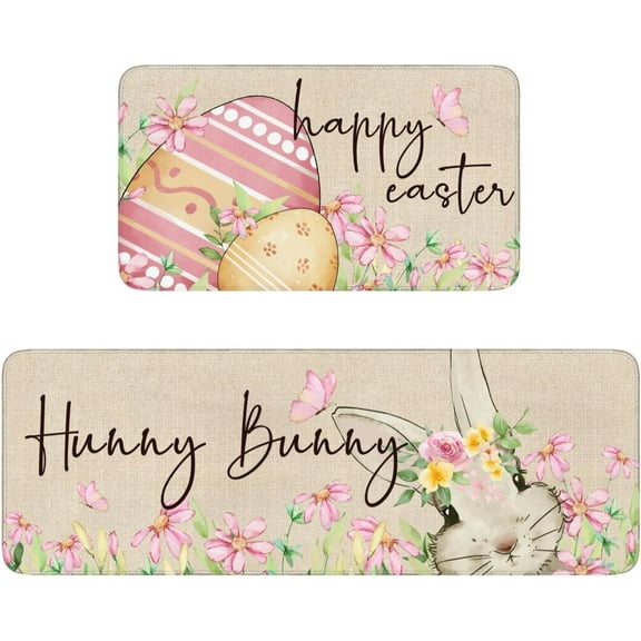 Happy Easter Kitchen Rugs and Mats Set of 2,Spring Bunny Eggs Flowers Floral Kitchen Mat,Rabbit Non Slip Washable Kitchen Floor Sink Mats Decorations for Home Kitchen 18"x48"+18"x30"