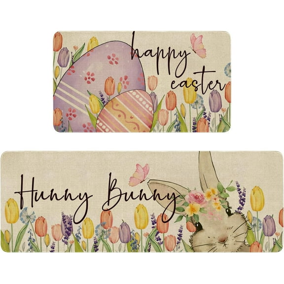 Happy Easter Kitchen Rugs and Mats Set of 2,Spring Bunny Eggs Tulip Flowers Floral Kitchen Mat,Rabbit Non Slip Washable Kitchen Floor Sink Mats Decorations for Home Kitchen 18"x48"+18"x30"