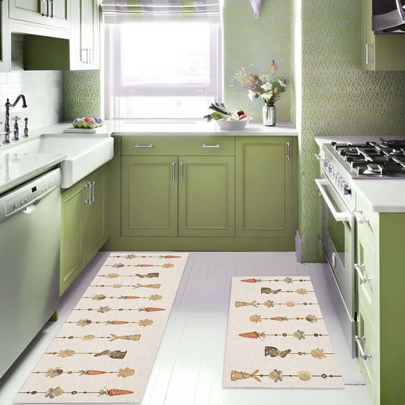 Happy Easter Kitchen Rugs and Mats Set of 2,Spring Rustic CarrotRabbit Kitchen Rugs Non Slip for Floor,Non Slip Washable Kitchen Floor Mats Decorations for Home Kitchen 16 x 24Inch +16 x 47Inch
