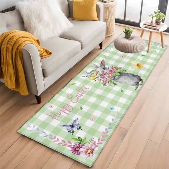 Happy Easter Kitchen Runner Rug 2x6 Washable Runners for Hallway Non Slip Cute Bunny Spring Flowers Butterfly Green Plaid Large Area Rug Indoor Floor Carpet for Bathroom Laundry Entryway Bedroom