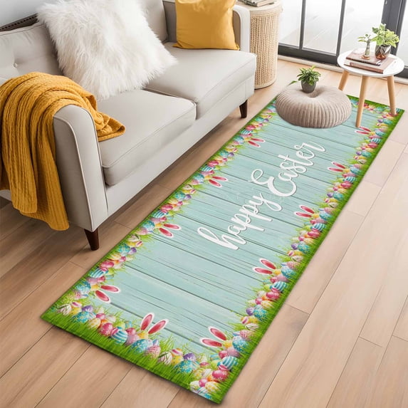Happy Easter Kitchen Runner Rug 2x6 Washable Runners for Hallway Non Slip Cute Rabbit Ears Eggs Grass Wooden Grain Large Area Rug Indoor Floor Carpet for Bathroom Laundry Entryway Bedroom Living Room