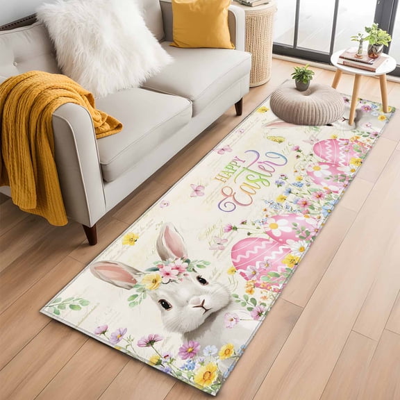 Happy Easter Kitchen Runner Rug 2x6 Washable Runners for Hallway Non Slip Spring Farmhouse Easter Bunny Eggs Floral Large Area Rug Indoor Floor Carpet for Bathroom Laundry Entryway Bedroom