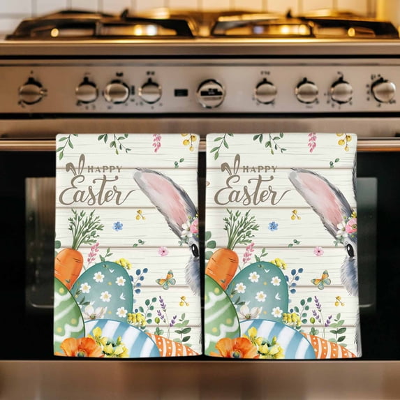 Happy Easter Kitchen Towels Set of 1, Spring Bunny Easter Eggs Floral Beige Wood Absorbent Dish Towels for Kitchen, Microfiber Hand Towel, Quick Drying Tea Towel for Cleaning Decorative Dishcloths