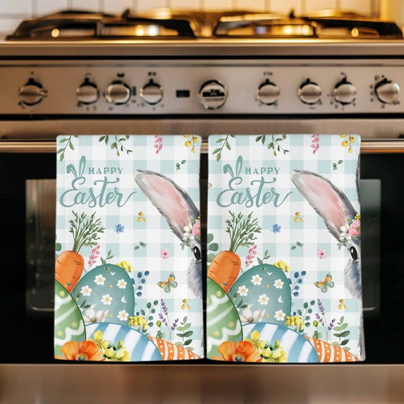 Happy Easter Kitchen Towels Set of 1, Spring Bunny Easter Eggs Floral Teal Plaid Absorbent Dish Towels for Kitchen, Microfiber Hand Towel, Quick Drying Tea Towel for Cleaning Decorative Dishcloths