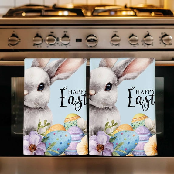 Happy Easter Kitchen Towels Set of 1, Spring Grey Bunny Colorful Eggs Flower Blue Absorbent Dish Towels for Kitchen, Microfiber Hand Towel, Quick Drying Tea Towel for Cleaning Decorative Dishcloths