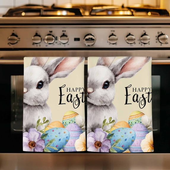 Happy Easter Kitchen Towels Set of 1, Spring Grey Bunny Colorful Eggs Flower Brown Absorbent Dish Towels for Kitchen, Microfiber Hand Towel, Quick Drying Tea Towel for Cleaning Decorative Dishcloths