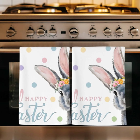 Happy Easter Kitchen Towels Set of 1, Spring Rabbits Polka Dots Watercolor Absorbent Dish Towels for Kitchen, Microfiber Hand Towel, Quick Drying Tea Towel for Cleaning Decorative Dishcloths