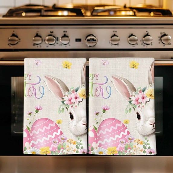 Happy Easter Kitchen Towels Set of 1, Spring Rustic Easter Bunny Eggs Floral Burlap Absorbent Dish Towels for Kitchen, Microfiber Hand Towel, Quick Drying Tea Towel for Cleaning Decorative Dishcloths