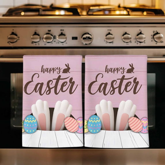 Happy Easter Kitchen Towels Set of 2, Colorful Spring Eggs Pink Wooden Absorbent Dish Towels for Kitchen, Microfiber Hand Towel, Quick Drying Tea Towel for Cleaning Decorative Dishcloths