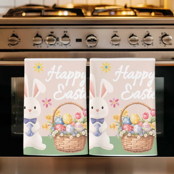 Happy Easter Kitchen Towels Set of 2, Cute Bunny Colorful Eggs Spring Flowers Green Absorbent Dish Towels for Kitchen, Microfiber Hand Towel, Quick Drying Tea Towel for Cleaning Decorative Dishcloths