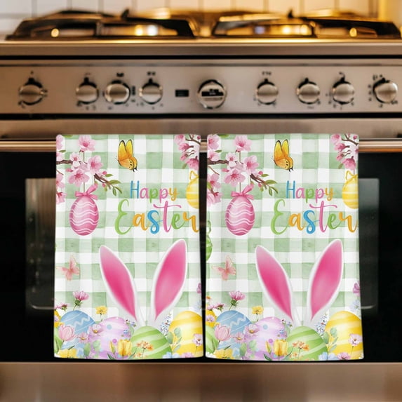 Happy Easter Kitchen Towels Set of 2, Spring Bunny Eggs Flower Sage Green Plaid Absorbent Dish Towels for Kitchen, Microfiber Hand Towel, Quick Drying Tea Towel for Cleaning Decorative Dishcloths