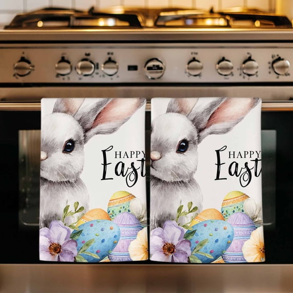 Happy Easter Kitchen Towels Set of 2, Spring Grey Bunny Colorful Eggs Flower Beige Absorbent Dish Towels for Kitchen, Microfiber Hand Towel, Quick Drying Tea Towel for Cleaning Decorative Dishcloths