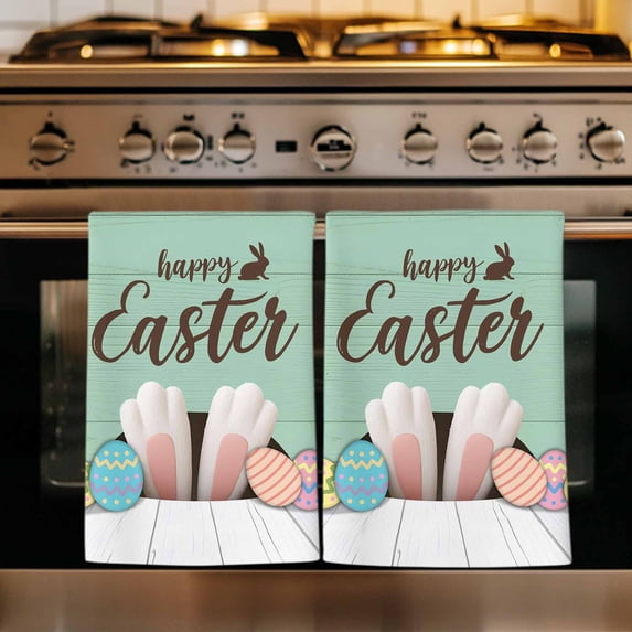 Happy Easter Kitchen Towels Set of 3, Colorful Spring Eggs Green Wooden Absorbent Dish Towels for Kitchen, Microfiber Hand Towel, Quick Drying Tea Towel for Cleaning Decorative Dishcloths