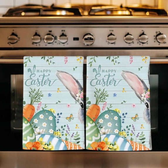 Happy Easter Kitchen Towels Set of 3, Spring Bunny Easter Eggs Floral Teal Wood Absorbent Dish Towels for Kitchen, Microfiber Hand Towel, Quick Drying Tea Towel for Cleaning Decorative Dishcloths