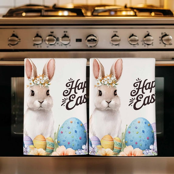 Happy Easter Kitchen Towels Set of 3, Spring Watercolor Bunny Eggs Flowers Beige Absorbent Dish Towels for Kitchen, Microfiber Hand Towel, Quick Drying Tea Towel for Cleaning Decorative Dishcloths