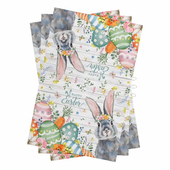 Happy Easter Kitchen Towels Set of 3, Water Absorbent Dish Towel, Spring Bunny Easter Eggs Floral Gray Wood Decorative Hand Towels - Quick Drying Cloth for Cooking Baking, 18x28 Inch