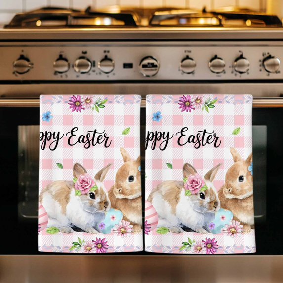 Happy Easter Kitchen Towels Set of 4, Cute Rabbits Daisy Flowers Leaves Eggs Pink Plaid Absorbent Dish Towels for Kitchen, Microfiber Hand Towel, Quick Drying Tea Towel for Cleaning Dishcloths