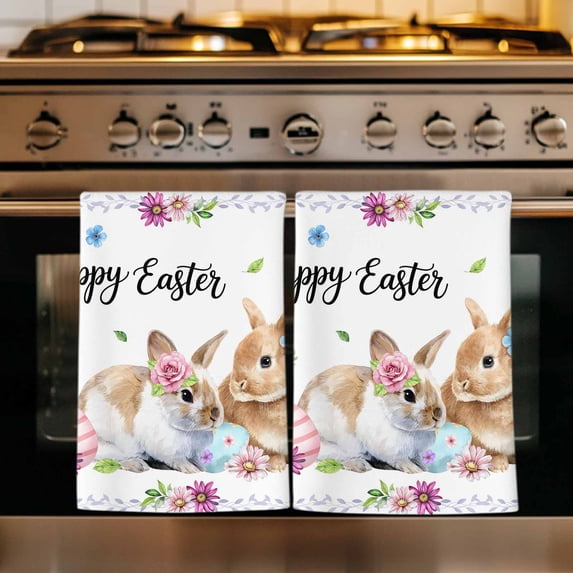 Happy Easter Kitchen Towels Set of 4, Cute Rabbits Eggs Daisy Flowers Plants Watercolor Absorbent Dish Towels for Kitchen, Microfiber Hand Towel, Quick Drying Tea Towel for Cleaning Dishcloths