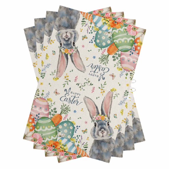 Happy Easter Kitchen Towels Set of 4, Water Absorbent Dish Towel, Spring Bunny Easter Eggs Floral Beige Burlap Decorative Hand Towels - Quick Drying Cloth for Cooking Baking, 18x28 Inch