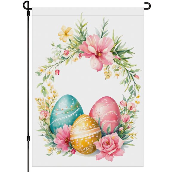 Happy Easter Large Garden Flag, Easter Eggs Cute Flowers Durable Garden Flag Double Colored Cartoon Colorful Vivid Animated Decoration for Home Outdoor Yard Decoration, (28x40 Inches)