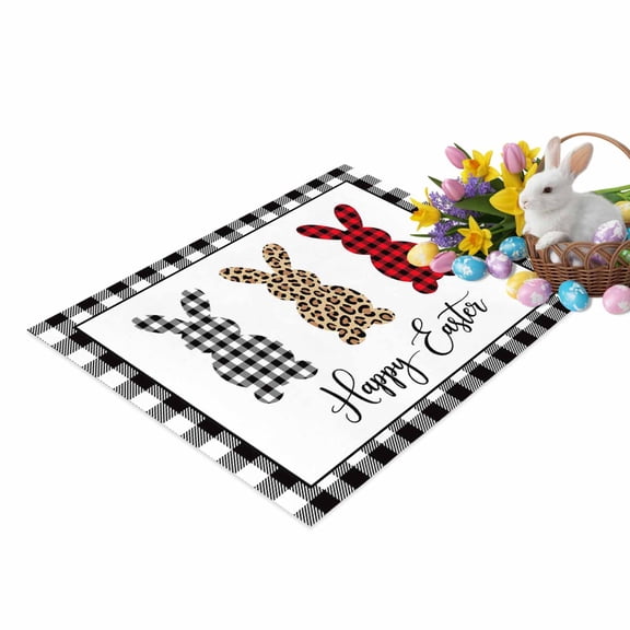 Happy Easter Leopards Rabbit Door Mat Buffalo Plaid Black Geeks Non Slip Absorbent Entrance Mat Washable Low Profile Indoor Doormat for Front Door Entryway Entry 18"x30"